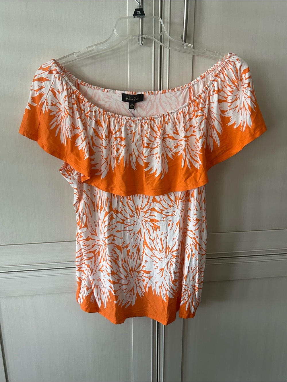Melissa Paige Orange & White Off-Shoulder Floral Ruffle Top